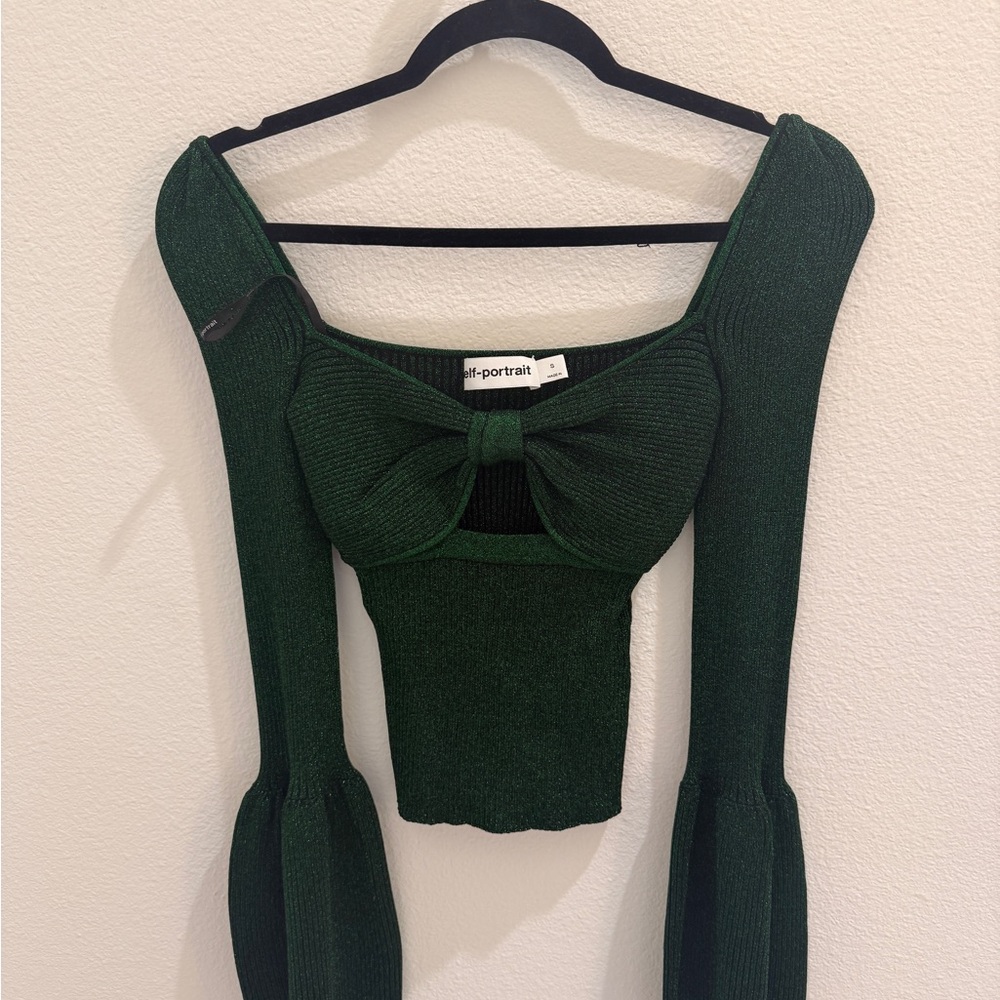 Self-Portrait Dark Emerald Green Long Sleeve Bow Front Top